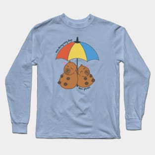 Capybara Couple in Love Under Rainbow Umbrella During Rainy Days Long Sleeve T-Shirt